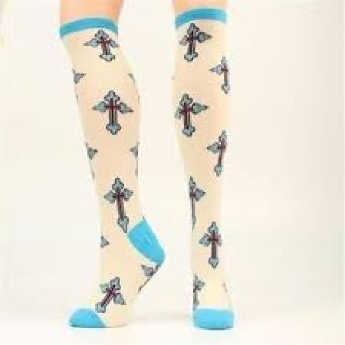 Ariat Cross Knee Hi Socks - Cream/Turquoise