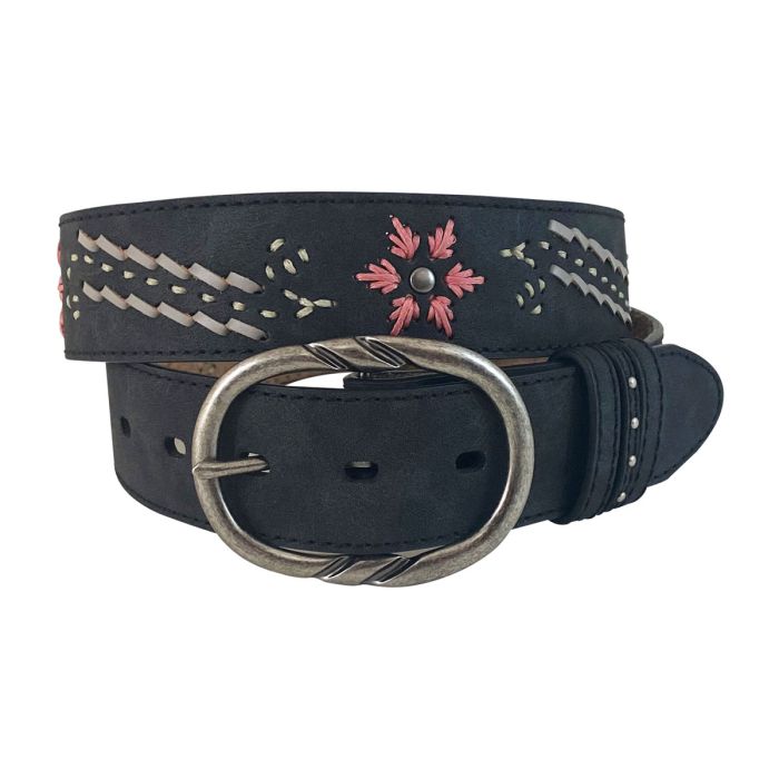 Roper Ladies Belt - Distressed Leather - Embroidered Black