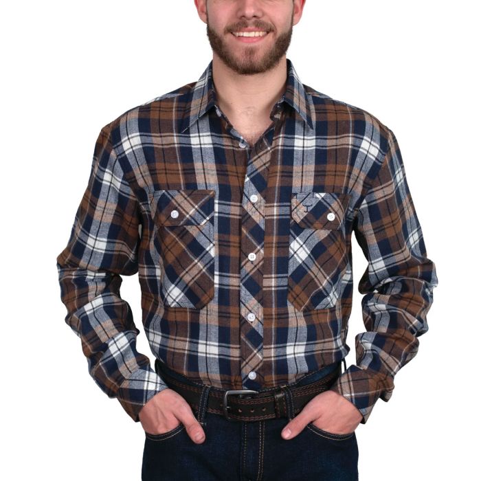 Just Country Evan Work Flannel Shirt - Full Button - Plaid Brown / Navy