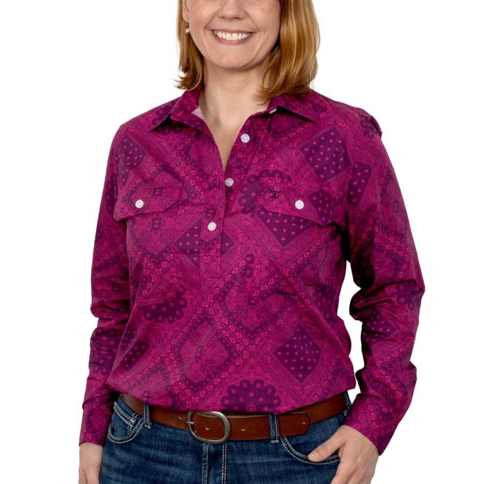 Just Country Georgie Print Shirt - 1/2 Button - Plum Bandana - Sz 14 Only