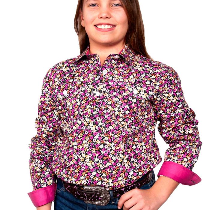Just Country Harper Girls Work Shirt - 1/2 Button - Black