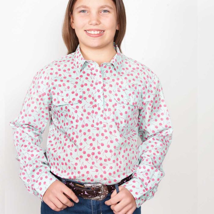Just Country Harper Girls Work Shirt - 1/2 Button - Mint Cherry