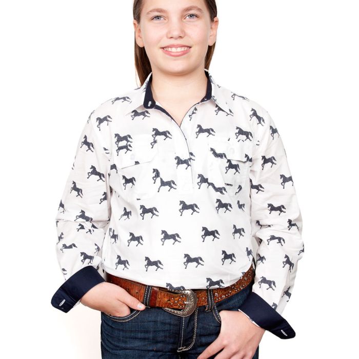 Just Country Harper Girls Work Shirt - 1/2 Button - White Horses