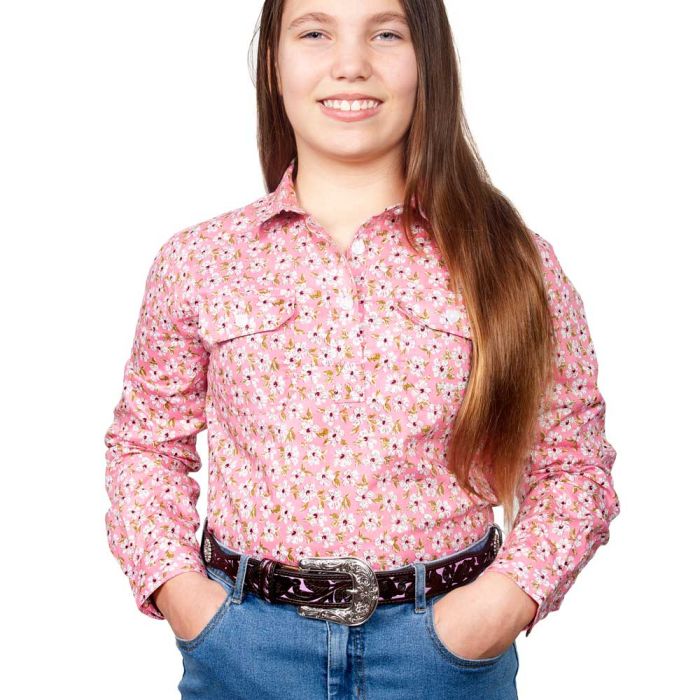 Just Country Harper Girls Work Shirt - 1/2 Button - Pink Floral