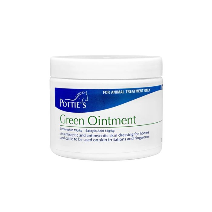 Potties Green Ointment is an antiseptic and anti-fungal dressing for horses and cattle to be used on skin complaints and ringworm.