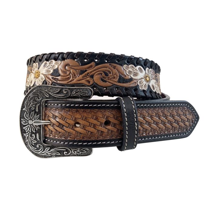 Roper 1.5" Western Floral Tooled Leather Belt with Basket Weave End Tabs - Brown