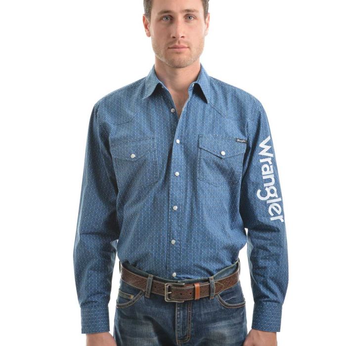 Mens Casual Clothing - Wrangler Mens Logo Kade Print Long Sleeve Shirt