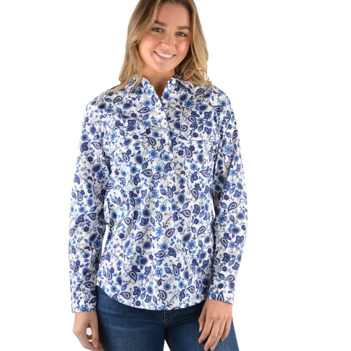 Hard Slog Ladies Aubrey Half Placket L/S Shirt - Blue Indigo -  Sz 8 Only