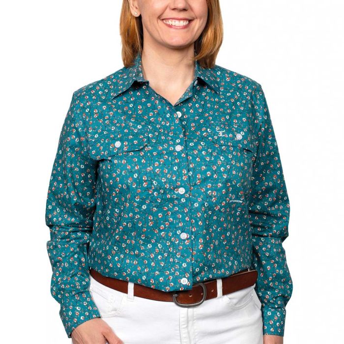 Just Country Abbey Print Shirt - Full Button - Deep Teal Floral - Sz 18 & 20 Only
