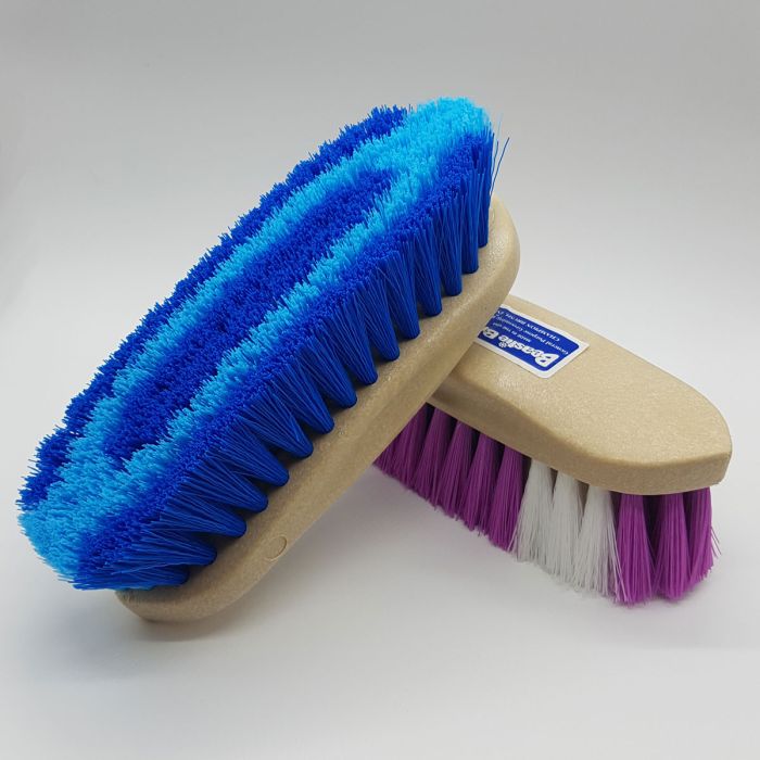 8 1/4'' plastic back Medium polypropylene Wild colors, bold patterns 12 per case Made in USA There are never two brushes alike in a 12 pack of our wildly colored Beastie Brushes, we make hundreds of different patterns in dozens of different colors. Put th