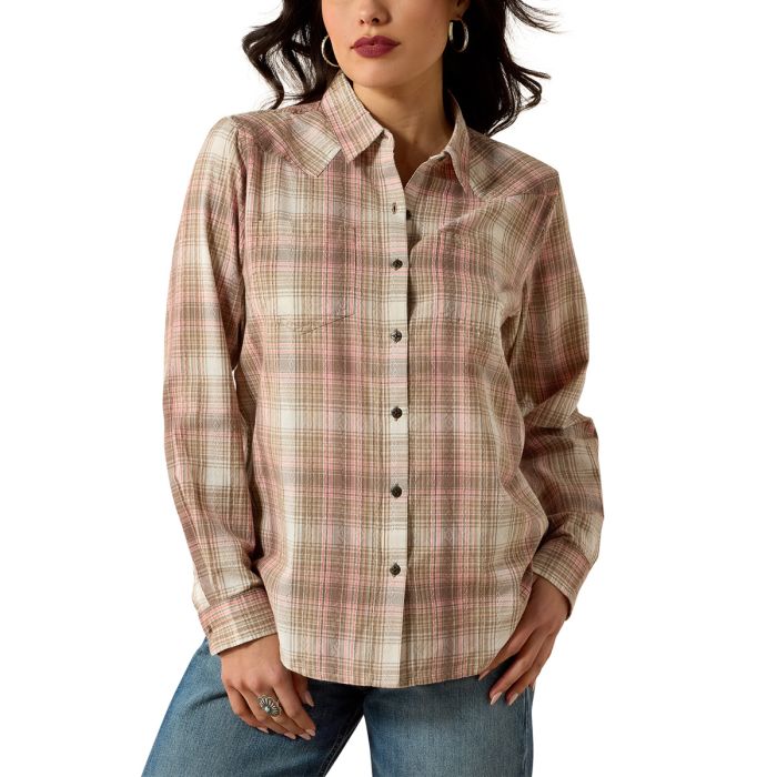 Ariat Ladies Real Billie Jean Long Sleeve Shirt - White Pepper Coral Plaid
