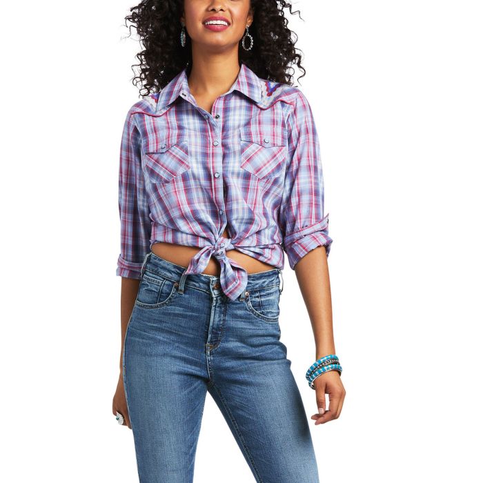 Ariat Ladies Real Cornflower Long Sleeve Shirt - Cornflower Plaid - Sz  XL Only