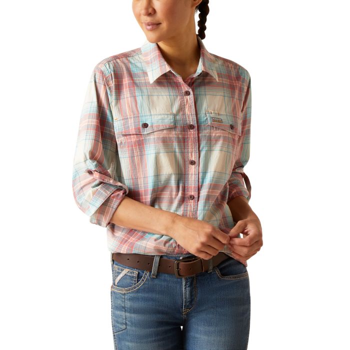 Ariat Women's REBAR Made Tough Durastretch L/S Work Shirt - Vanilla Ice Plaid - Sz L Only