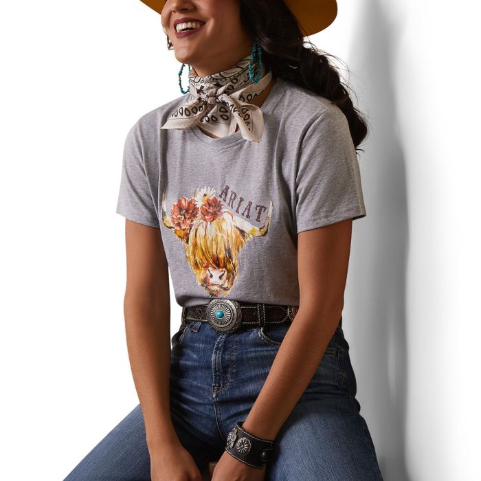 Ariat Ladies Real Highlander Rose Tee - Heather Grey - Sz XS Only