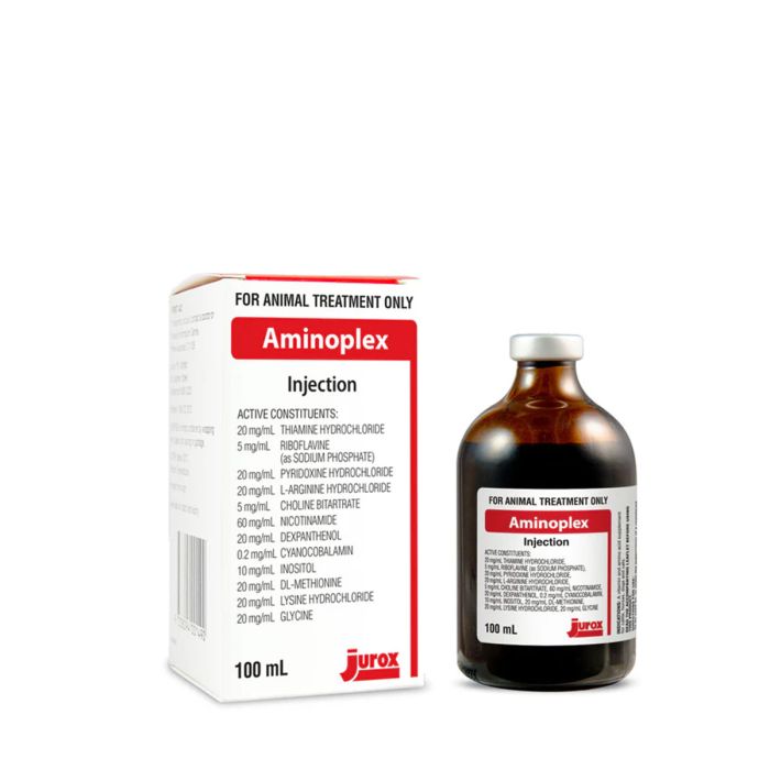Jurox Aminoplex - Vitamin and amino acid injection supplement for use in cattle, horses, dogs and cats as an aid in the treatment of debilitated animals and a supplement for working animals. 
