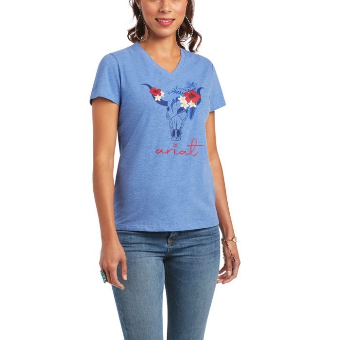 Ariat Ladies Real Tropic Steerhead Tee - Reykjavik Blue