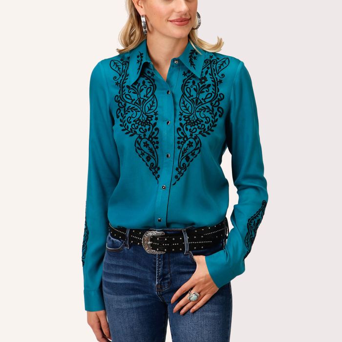 Roper Ladies L/S Shirt - Studio West Collection - Green -  Sz XS Only