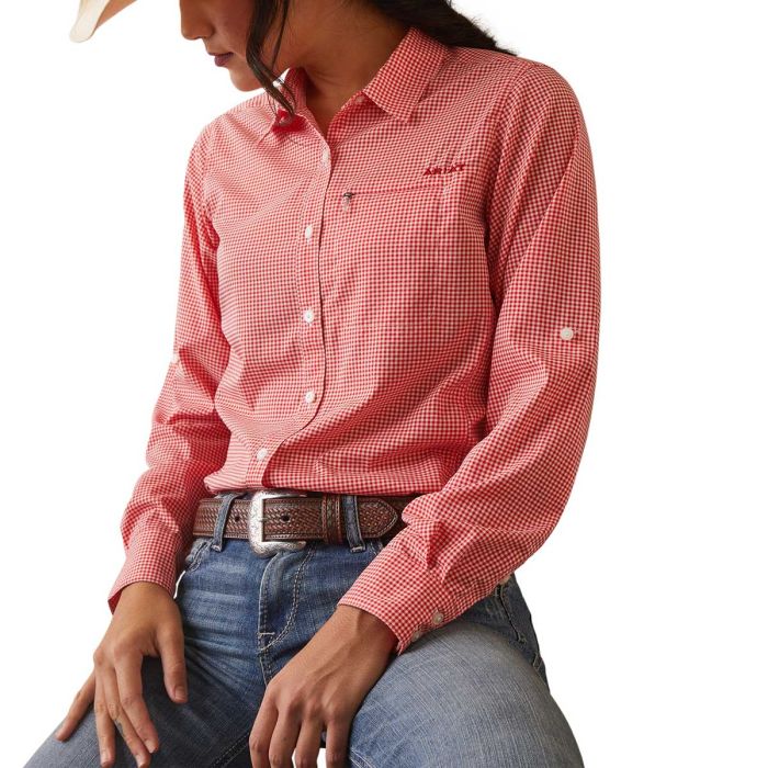 Ariat Ladies Venttek II Stretch Shirt - Aura Orange / White Check - Sz XS Only